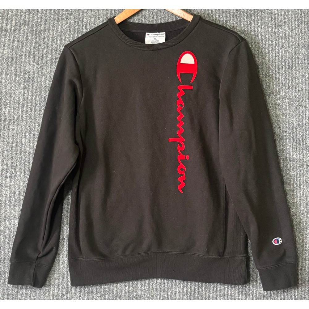 Champion Youth XL Black Crewneck Sweatshirt Red Vertical Logo Authentic Athletic